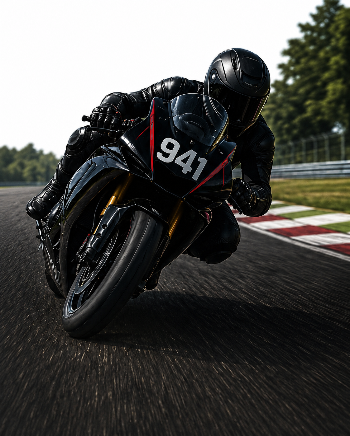 Rider at full lean on a black and gold sportbike, number 941